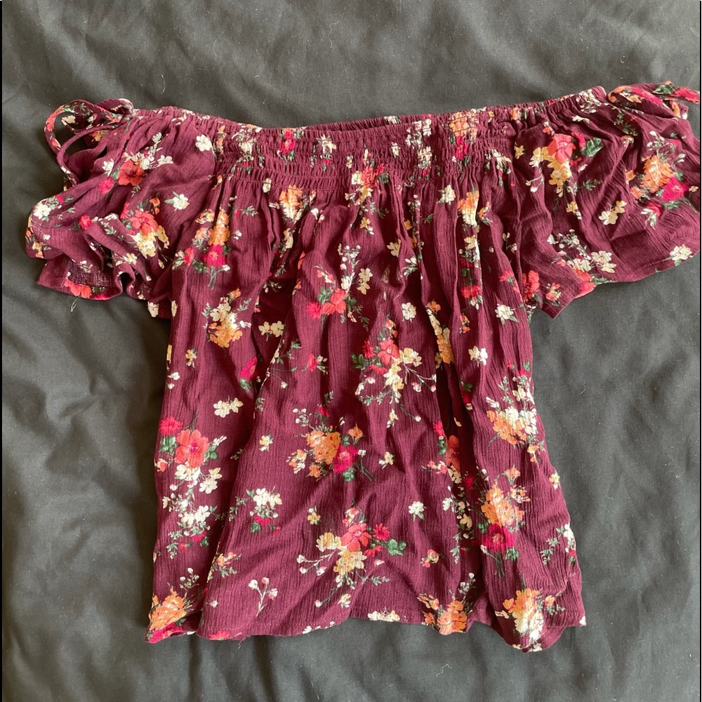 Burgundy Floral Patterned Off-The-Shoulder Top